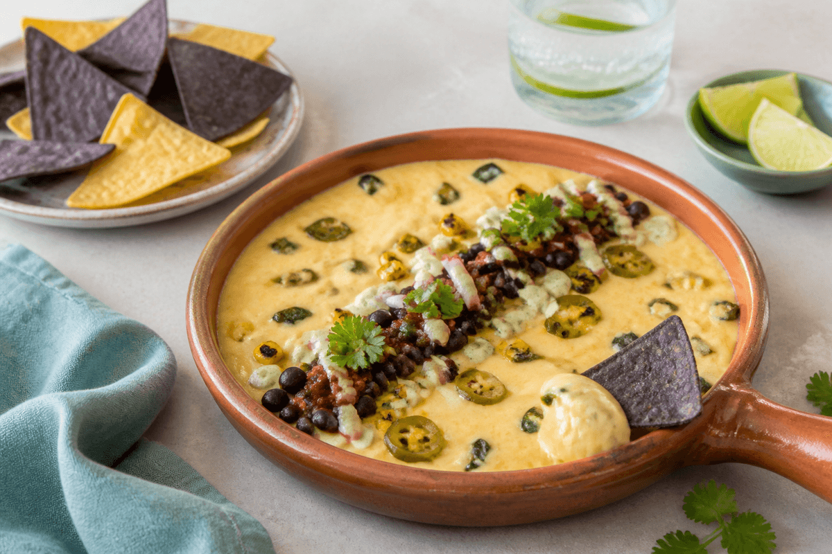 Varm majs-poblano-quesodip i terrakottapande med sorte bønner, ristet tomatsalsa, radise, koriander, jalapeño og blå majschips