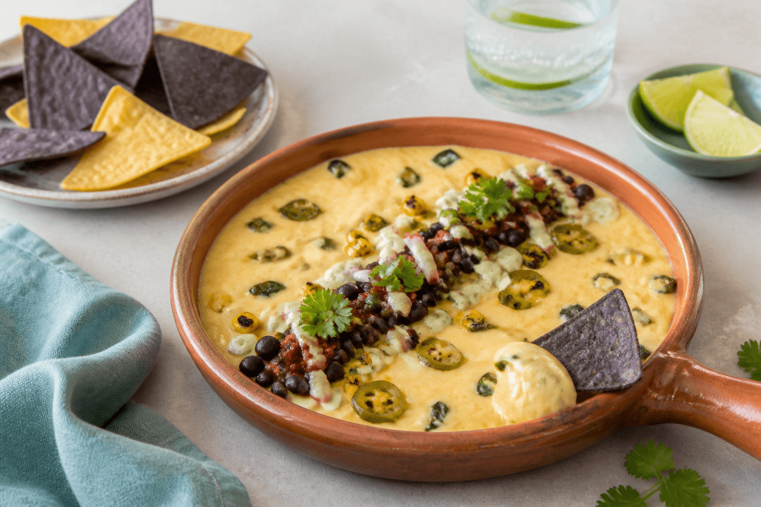 Varm majs-poblano-quesodip i terrakottapande med sorte bønner, ristet tomatsalsa, radise, koriander, jalapeño og blå majschips