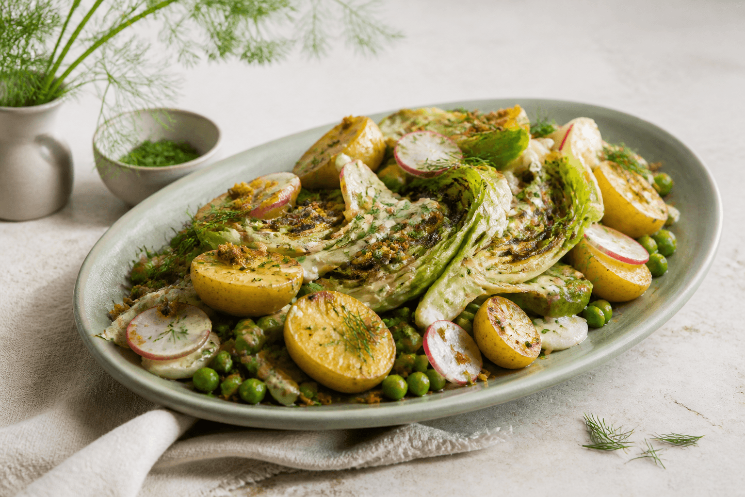 Lun kartoffelsalat med gyldne kartofler, grillet spidskål, ærter, radiser, dildkærnemælksdressing og rugknas på grøn oval tallerken
