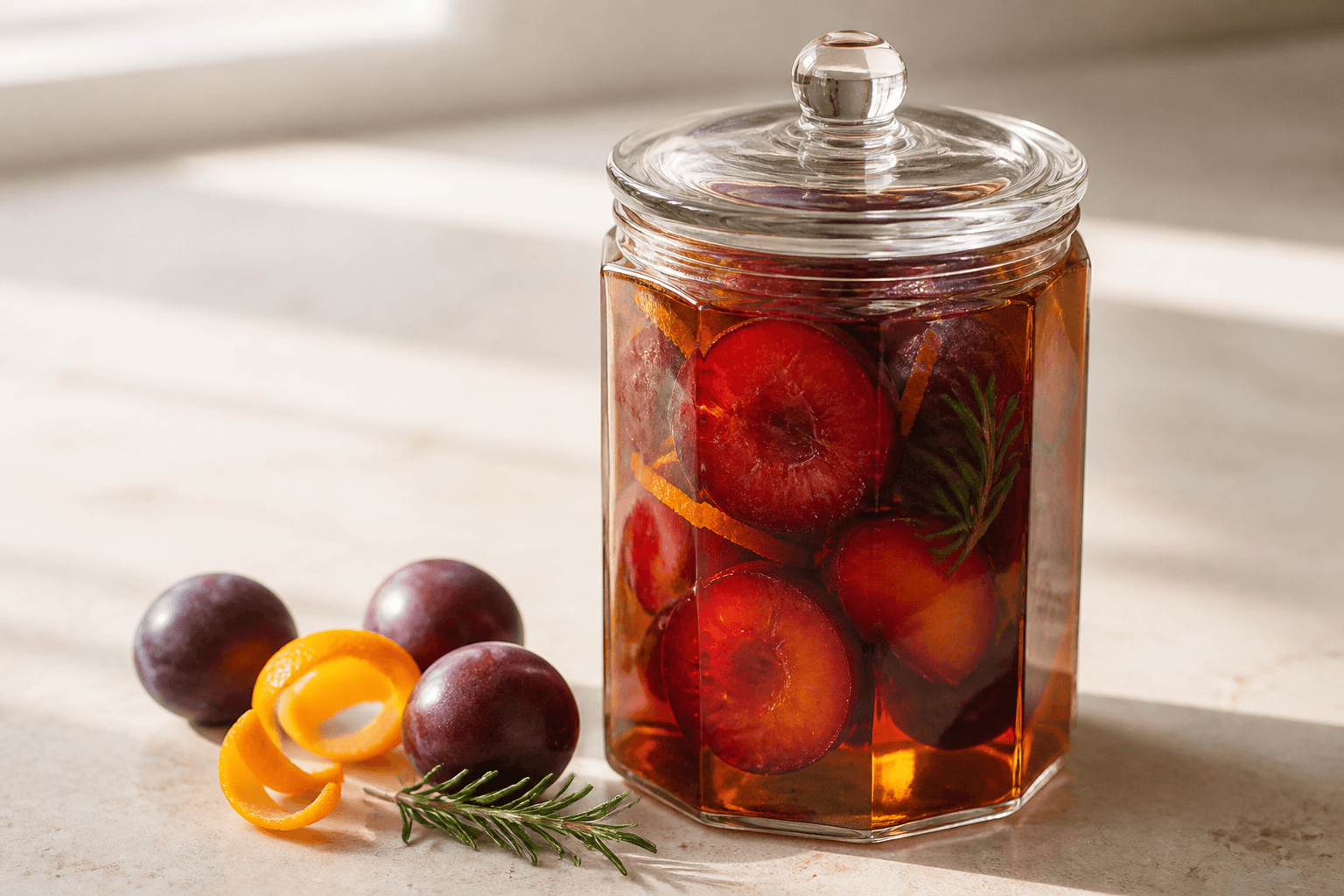 Rubinrøde køleskabsblommer i ravfarvet Madeira-appelsinsirup med rosmarin og vanilje i højt facetteret glas