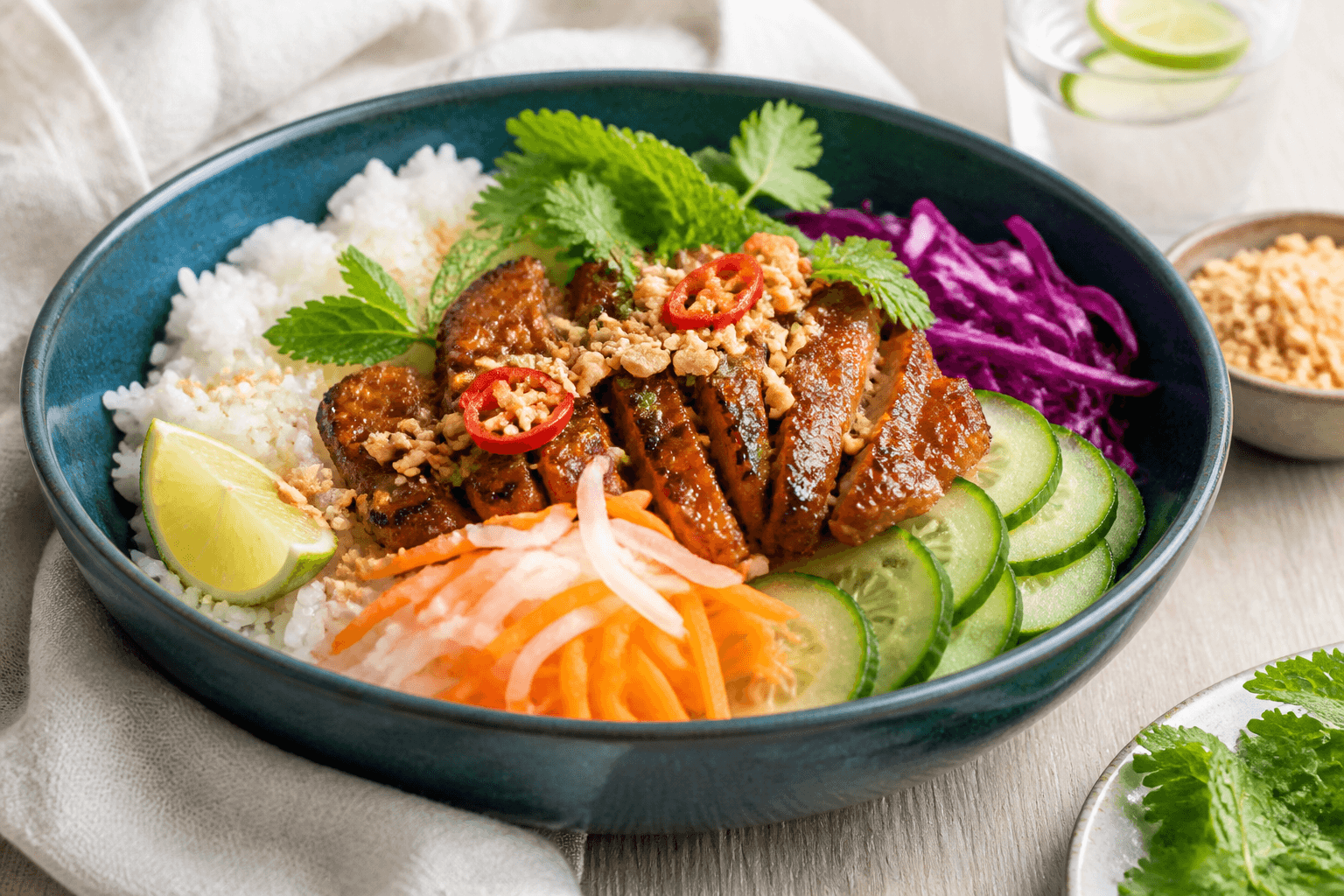 Banh-mi-risbowl med karamelliseret citrongræsgris, jasminris, syltet gulerod og daikon, agurk, rødkål, urter, chili og peanuts i petrolblå skål