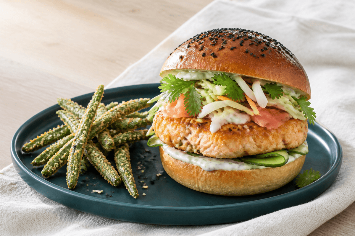 Miso-lakseburger med yuzu-kålslaw, agurk, syltet ingefær, koriander og lime-skyr samt sesam-pankobagte bønnefritter på mørk teal tallerken