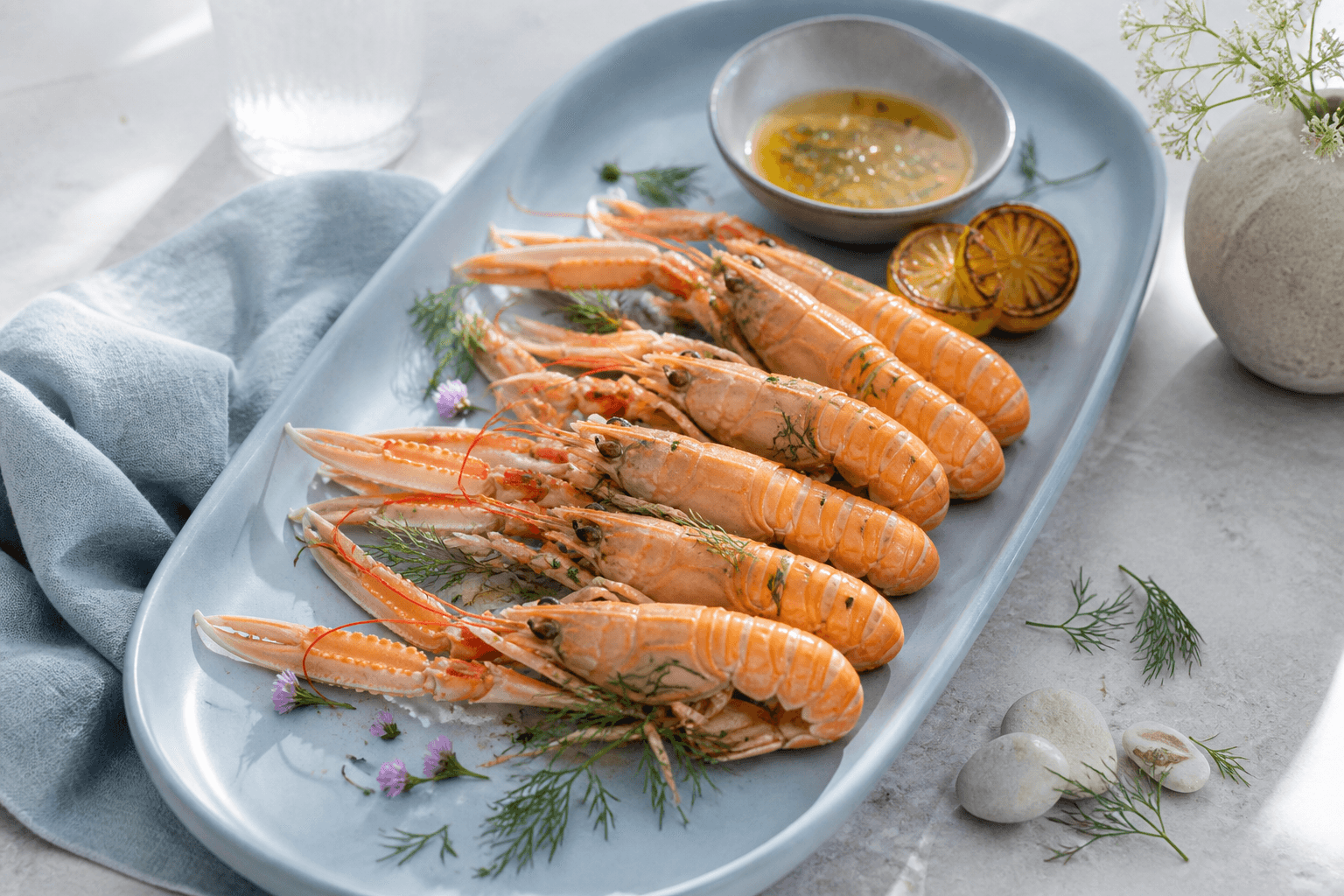 Hele koralorange pocherede jomfruhummere med grillet citron, dild, purløgsblomster og brunet citron-dildsmør på langt isblåt fad