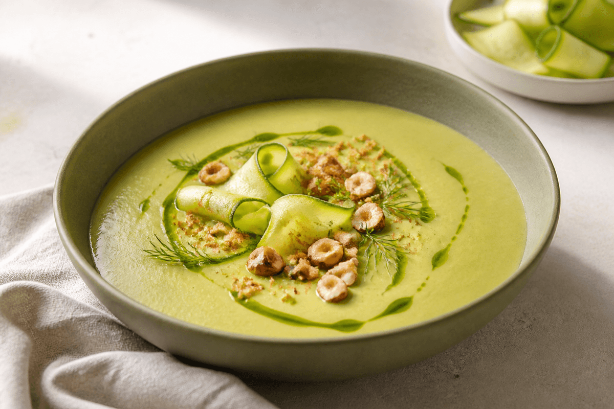 Lysgrøn ristet squash-porresuppe med dildolie, squashbånd, rugknas og ristede hasselnødder i mat salviegrøn skål