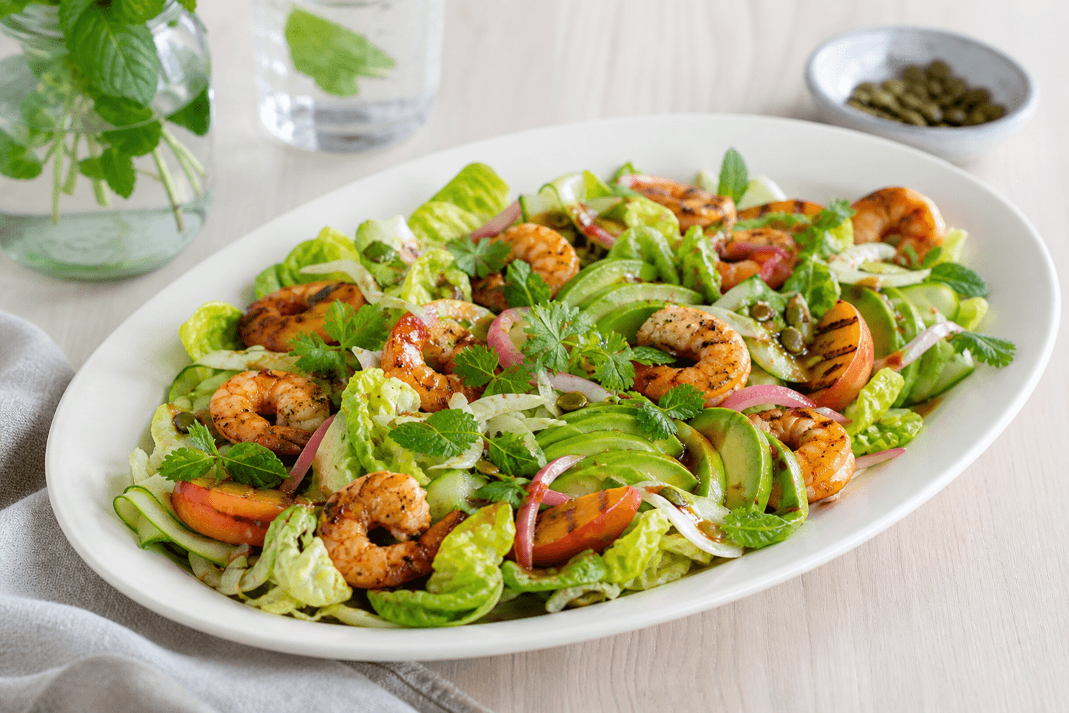 Sommerlig salat med gennemstegte chili-limerejer, grillede ferskner, fennikel, agurk, avocado, hjertesalat, mynte, koriander og græskarkerner