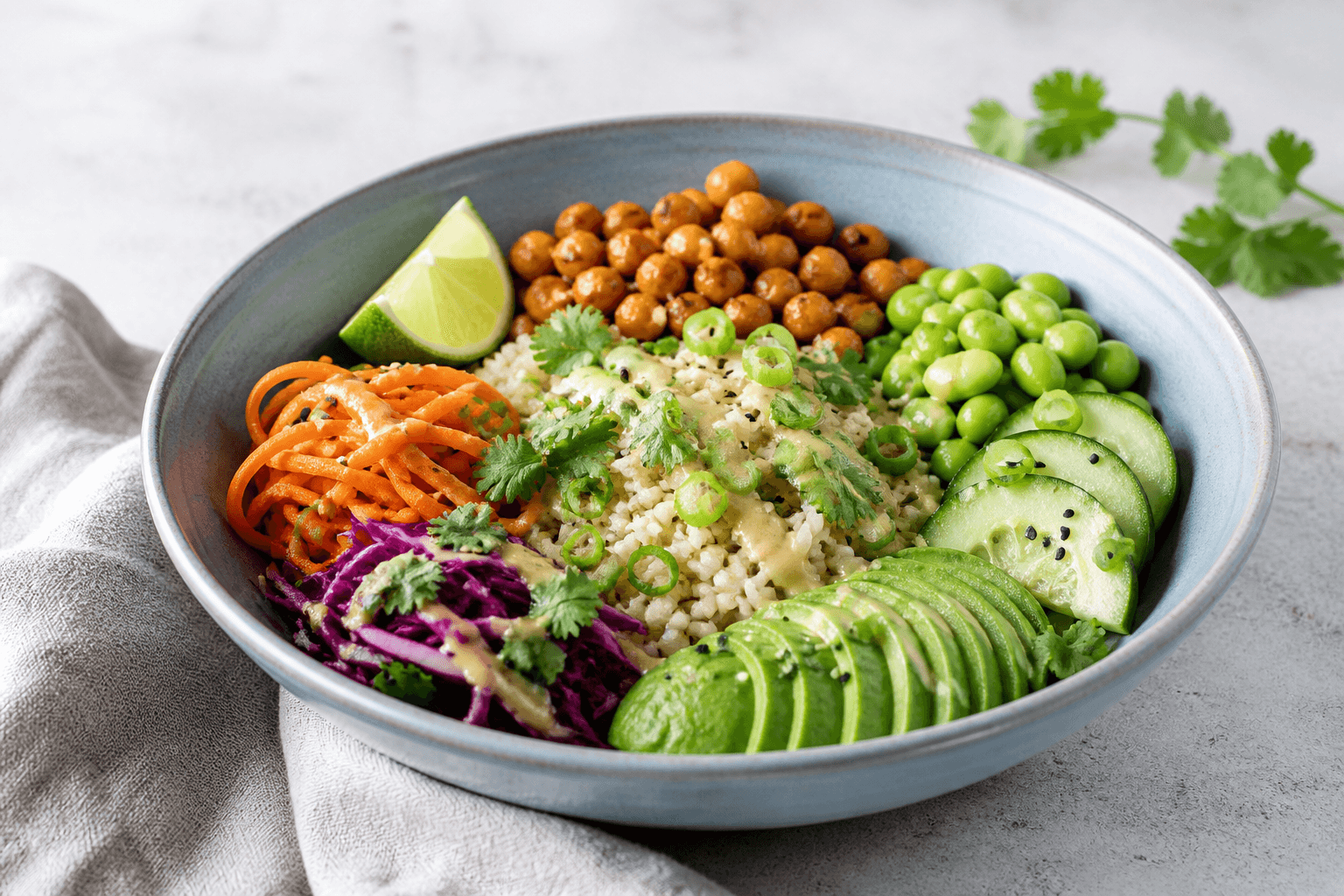 Vegetarisk bowl med ingefær-kokosris, lakerede kikærter, edamame, syltet rødkål og gulerod, agurk, avocado og miso-sesamdressing