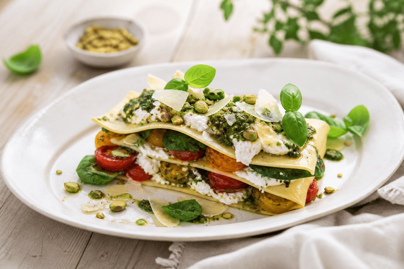 Åben sommerlasagne med ristede gule og røde tomater, citronricotta, basilikum-pistaciepesto, babyspinat, parmesan og pistacier