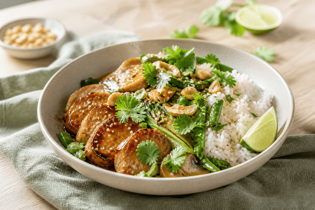 Skiver af glaseret lime-ingefær-svinemørbrad med jasminris, stegt pak choi, sukkerærter, svampe, koriander, peanuts og lime i sandfarvet skål