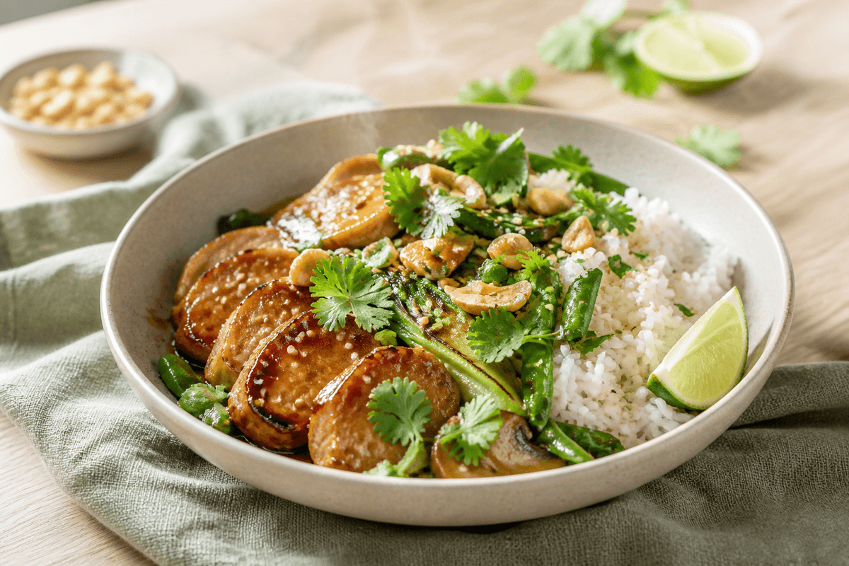 Skiver af glaseret lime-ingefær-svinemørbrad med jasminris, stegt pak choi, sukkerærter, svampe, koriander, peanuts og lime i sandfarvet skål
