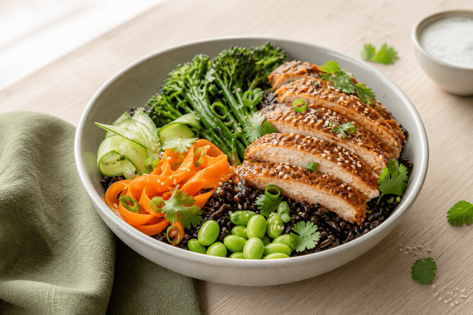 Bowl med gennemstegt sprød sesamkylling, sort ris, broccolini, edamame, syltede agurke- og gulerodsbånd samt ingefær-limeskyr