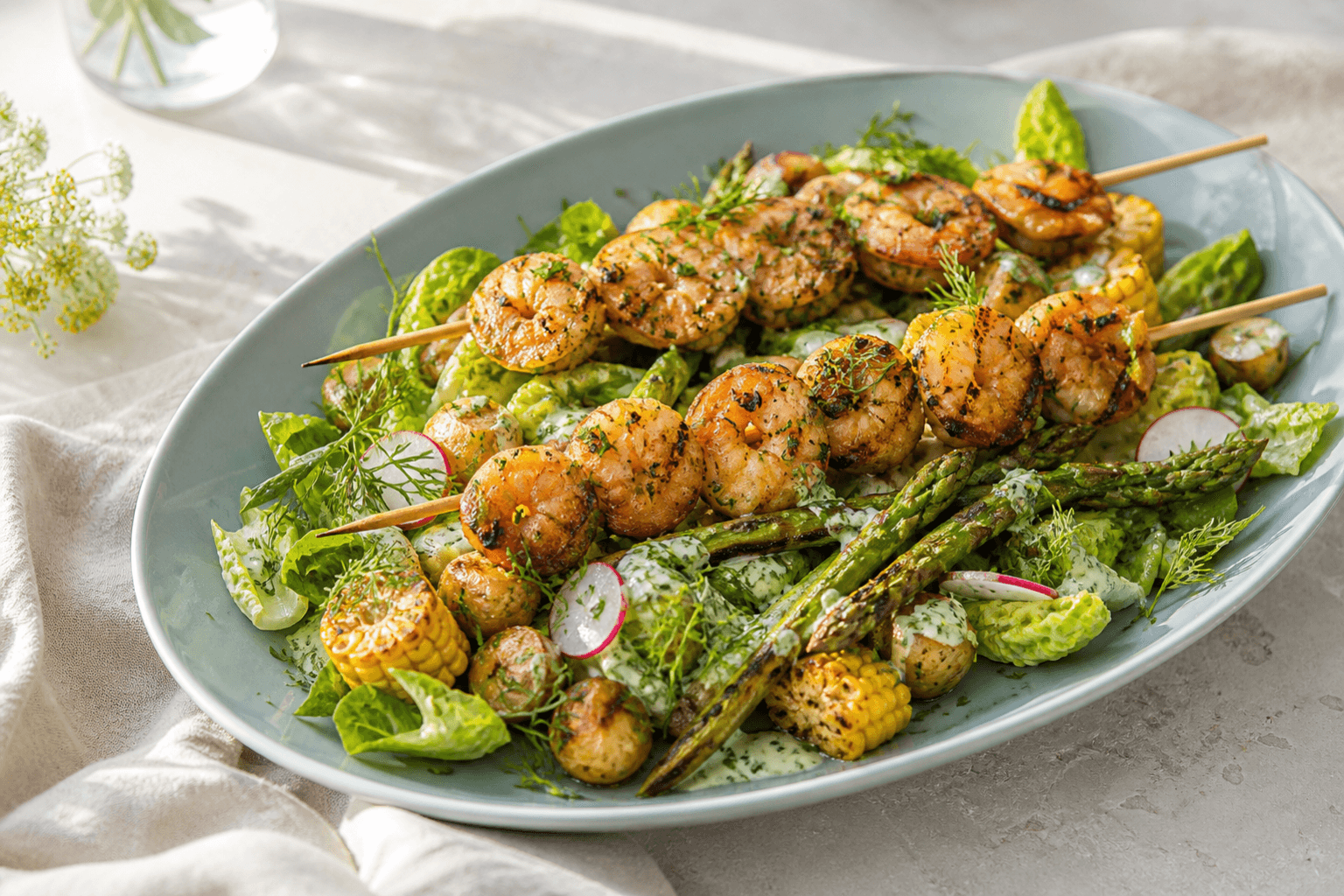 Grillede gennemstegte hvidløgsrejer på spyd med nye kartofler, majs, asparges, hjertesalat, radise, dild og grøn kærnemælksdressing