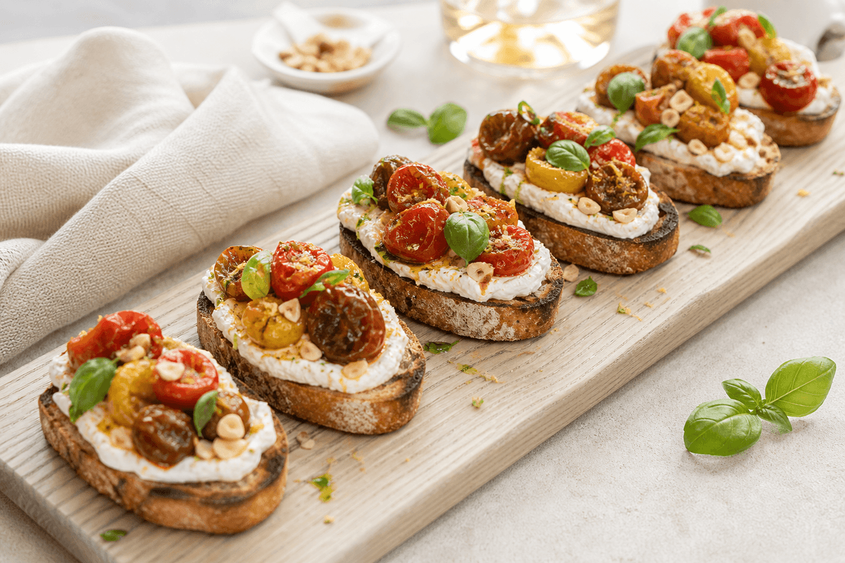 Seks grillede surdejsbruschetta med pisket gedefriskost, langsomt ristede flerfarvede tomater, basilikum, citron og hasselnøddeknas