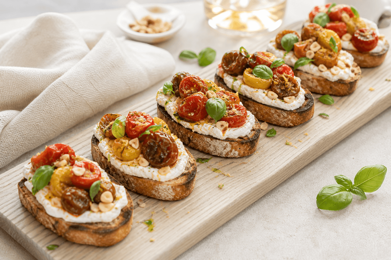 Seks grillede surdejsbruschetta med pisket gedefriskost, langsomt ristede flerfarvede tomater, basilikum, citron og hasselnøddeknas