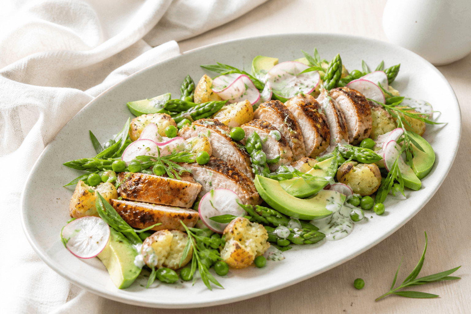 Lyst nordisk fad med gennemstegt citronkylling, knuste kartofler, avocado, asparges, ærter, syltet radise og cremet estragondressing