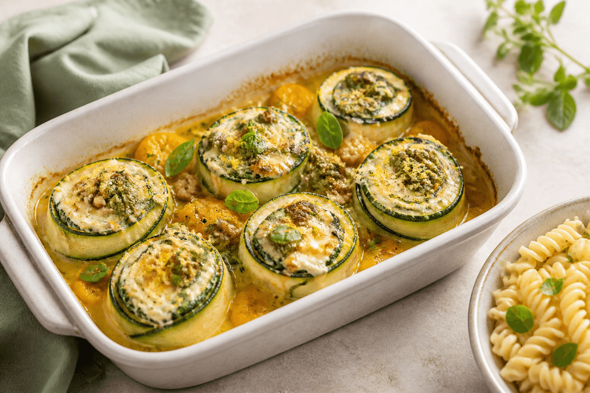 Bagt fad med squashruller fyldt med citronricotta og spinat i gylden gul tomatsauce med valnødde-salviepesto og kort pasta