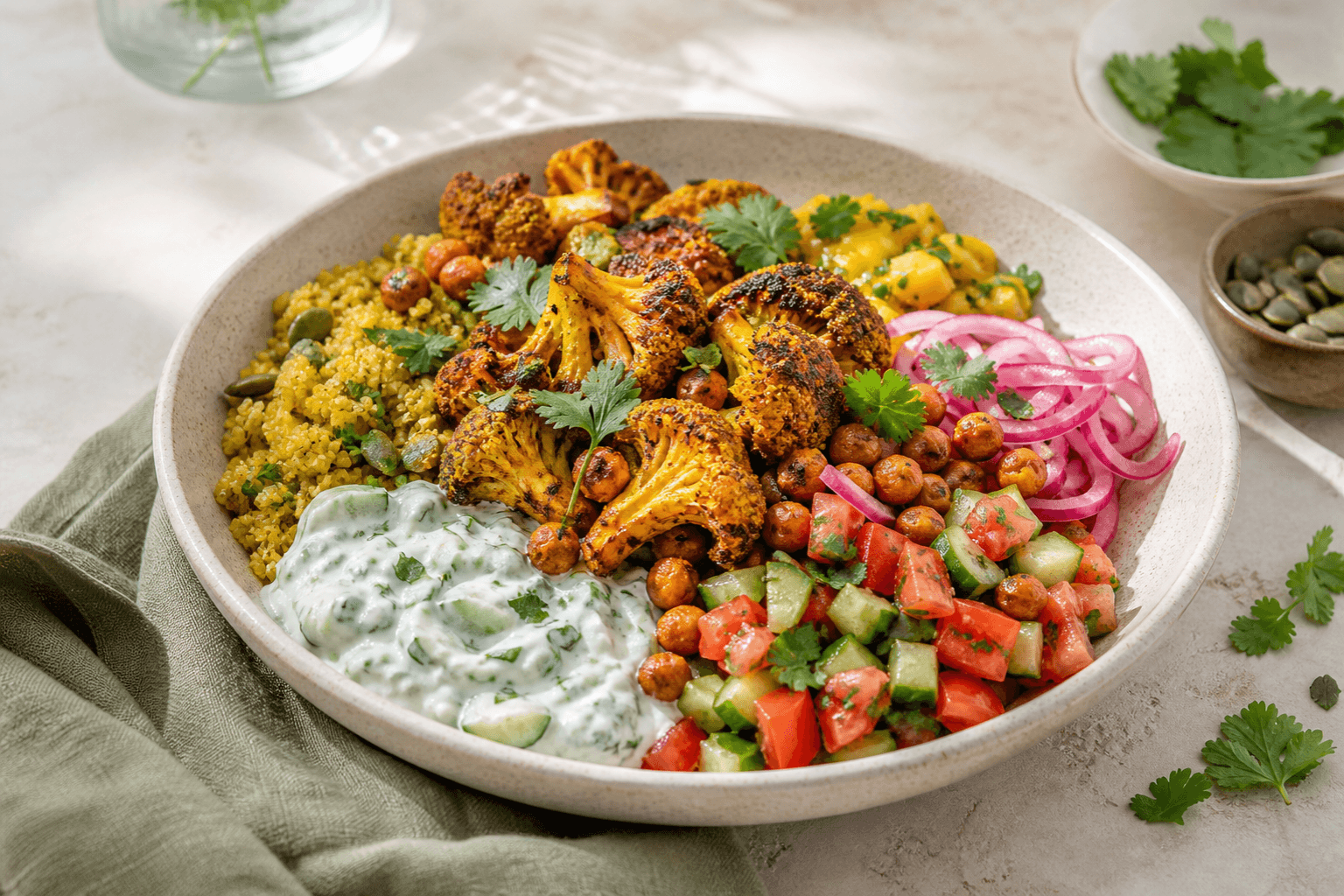 Sandfarvet bowl med mørkristet tandoori-blomkål og kikærter, gurkemejequinoa, agurke-mynteraita, kachumber, syltet rødløg og mangorelish