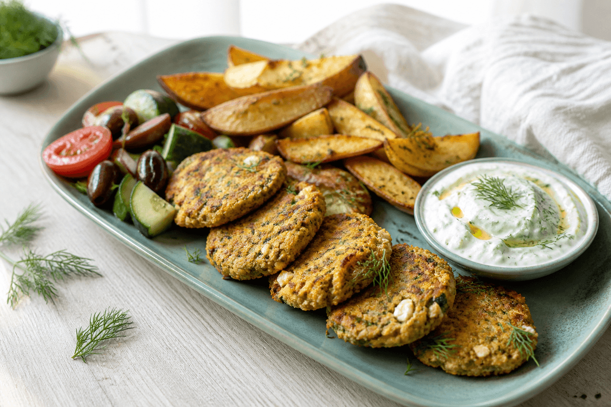 Langt havgrønt fad med sprøde linse-squashdeller, citron-agurkelabneh, oreganokartofler og salat med tomat, agurk og oliven