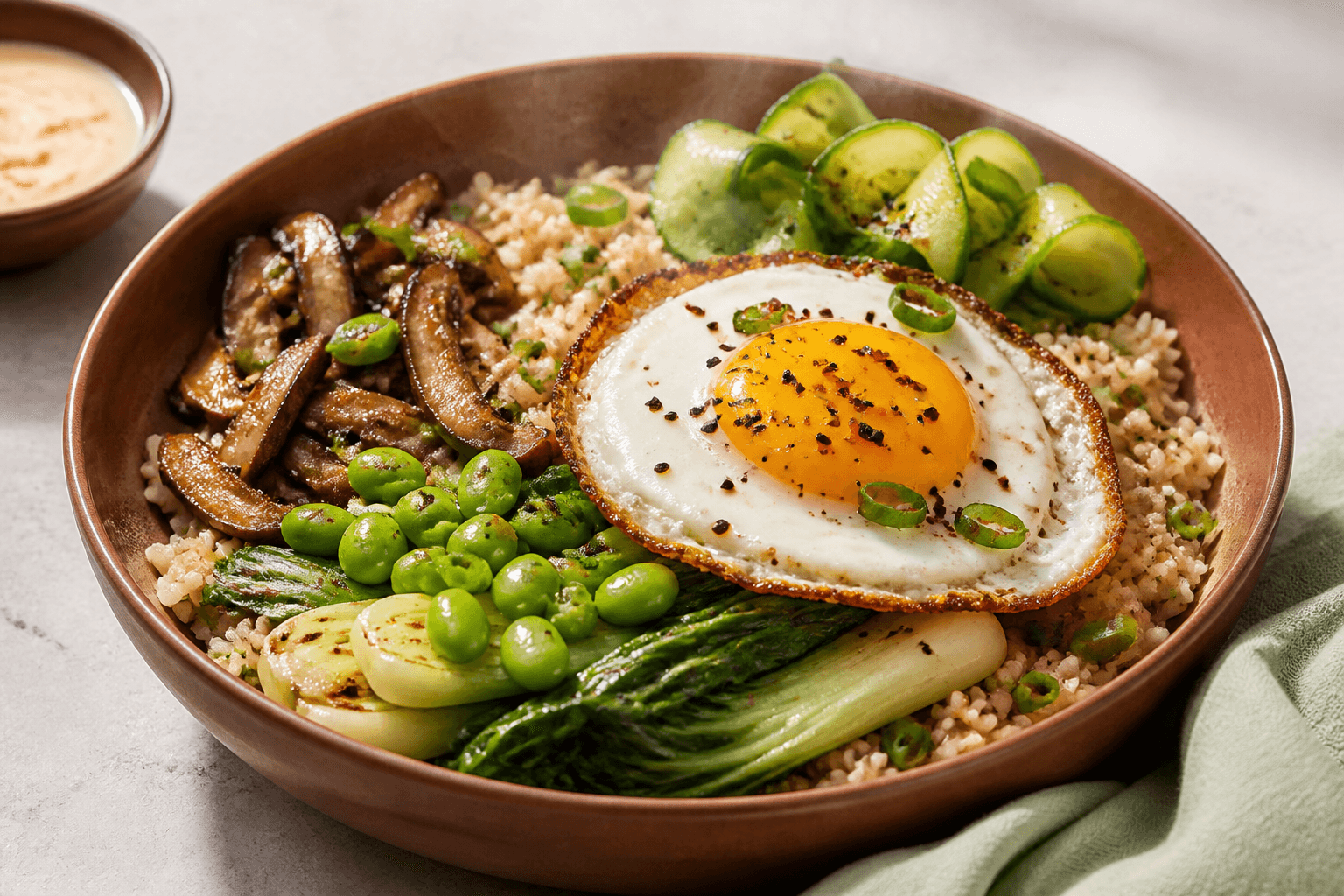 Rustfarvet bowl med brune kokosris, shiitake, pak choi, edamame, syltede agurkebånd, sprødstegt spejlæg og chili-limeyoghurt