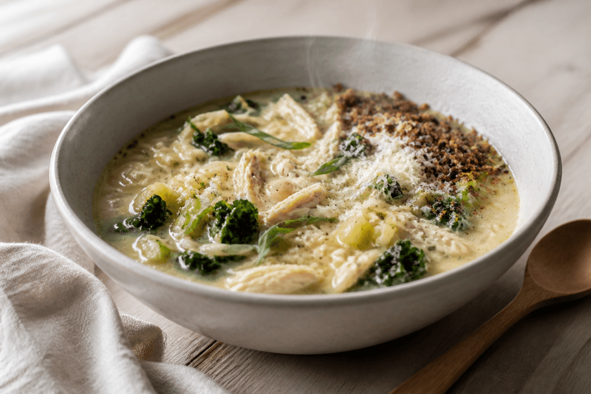 Varmgrå skål med lys cremet citronkyllingesuppe, små orzo, knoldselleri, hvide bønner, grønkål, estragon, lagret ost og mørkt rugknas