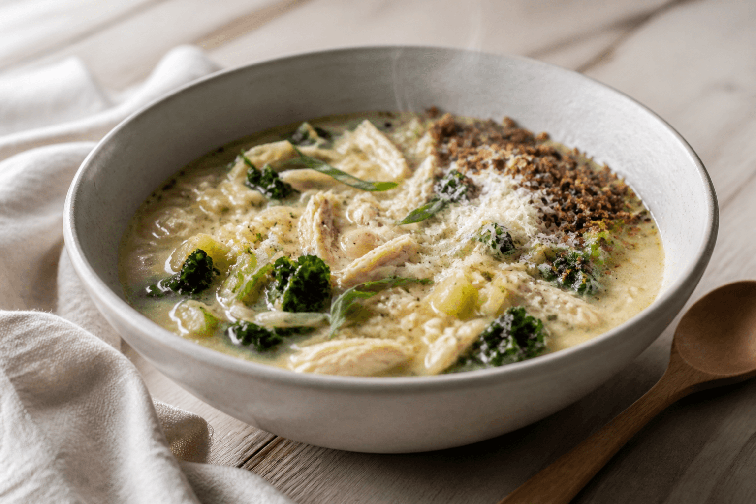 Varmgrå skål med lys cremet citronkyllingesuppe, små orzo, knoldselleri, hvide bønner, grønkål, estragon, lagret ost og mørkt rugknas