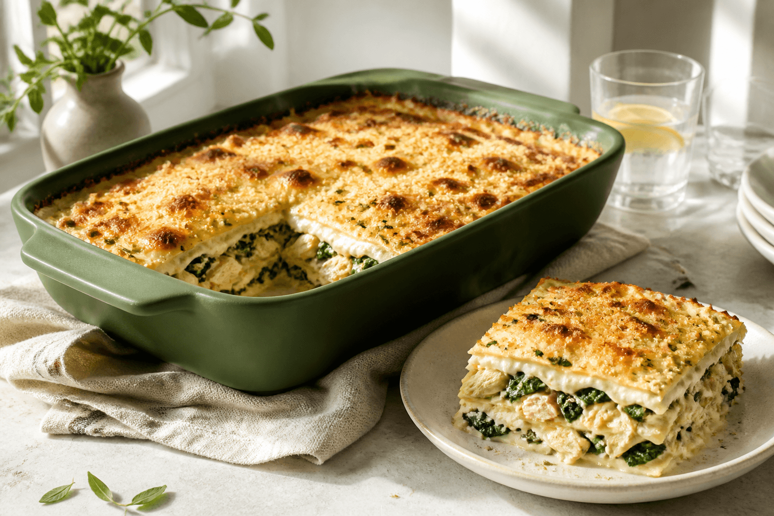 Dyb skovgrøn ovnform med hvid citronkyllingelasagne, spinat, artiskok, estragonsauce, brunet mozzarella og urteknas samt et udskåret lagdelt stykke