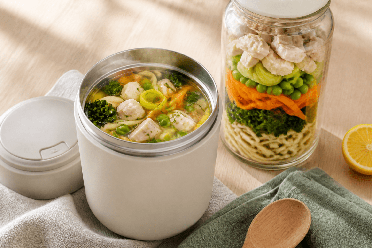 Cremefarvet termokop med rygende varm citronkyllingesuppe, fuldkornsnudler, porre, gulerod, ærter, grønkål og dild ved siden af et højt forberedelsesglas