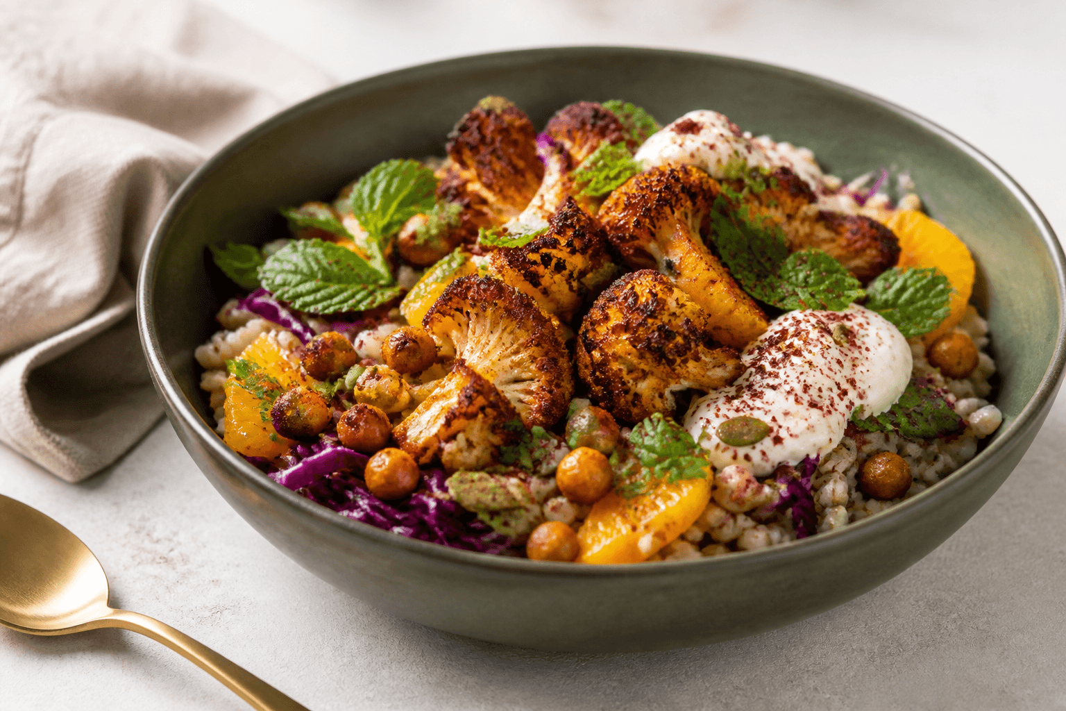 Dyb skovgrøn bowl med harissabagt blomkål, sprøde kikærter, perlebyg, rødkål, appelsin, mynte, persille og citron-tahinyoghurt
