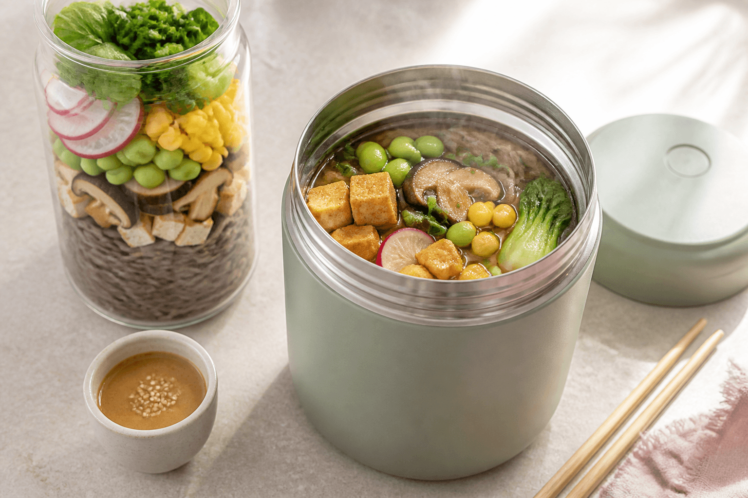 Celadongrøn termokop med rygende miso-sesam sobanudelsuppe, sprød tofu, shiitake, pak choi, edamame, majs og radise ved et højt portionsglas