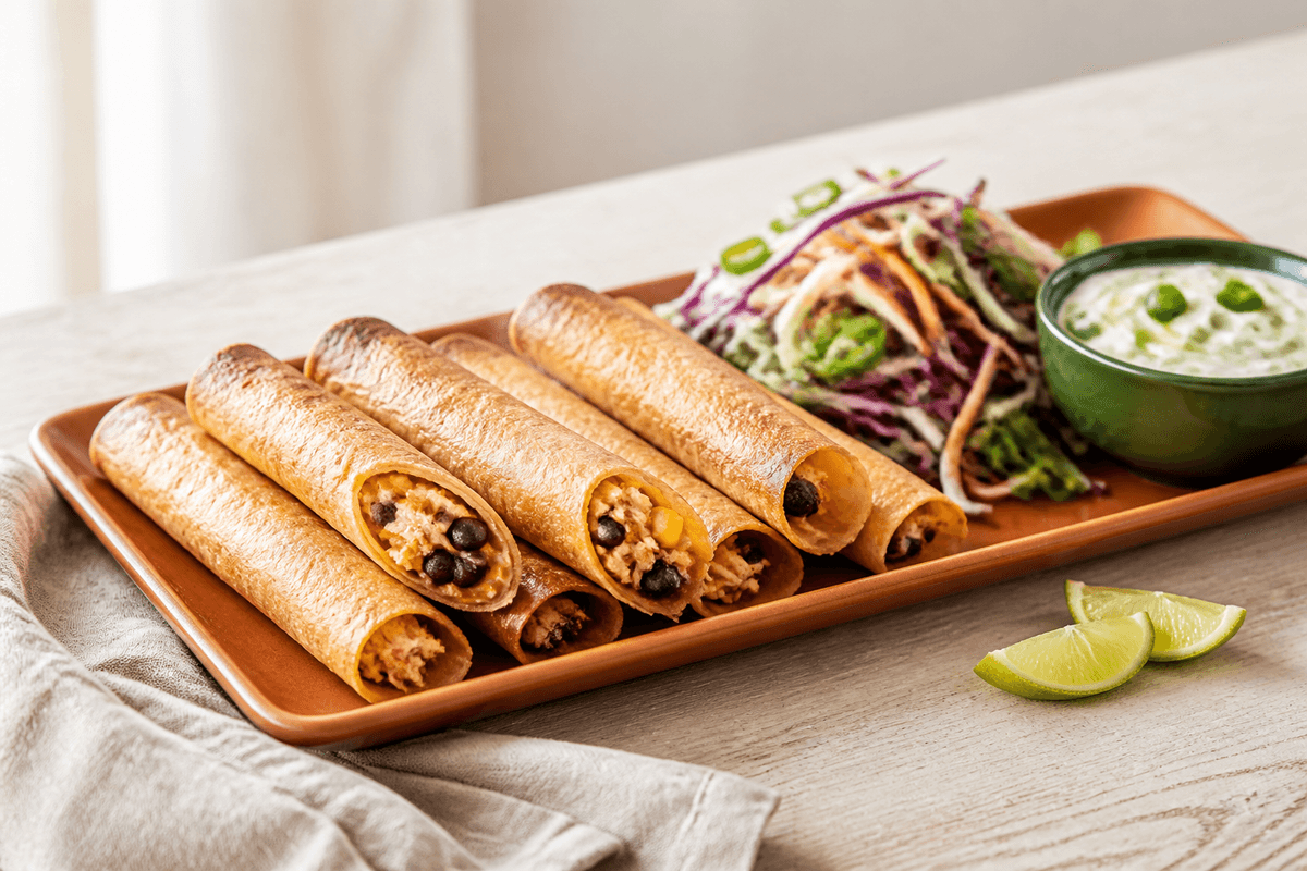Langt terrakottafad med seks ovnsprøde kylling-taquitos med sorte bønner, majs og røget ost samt rødkålsslaw og lime-skyr