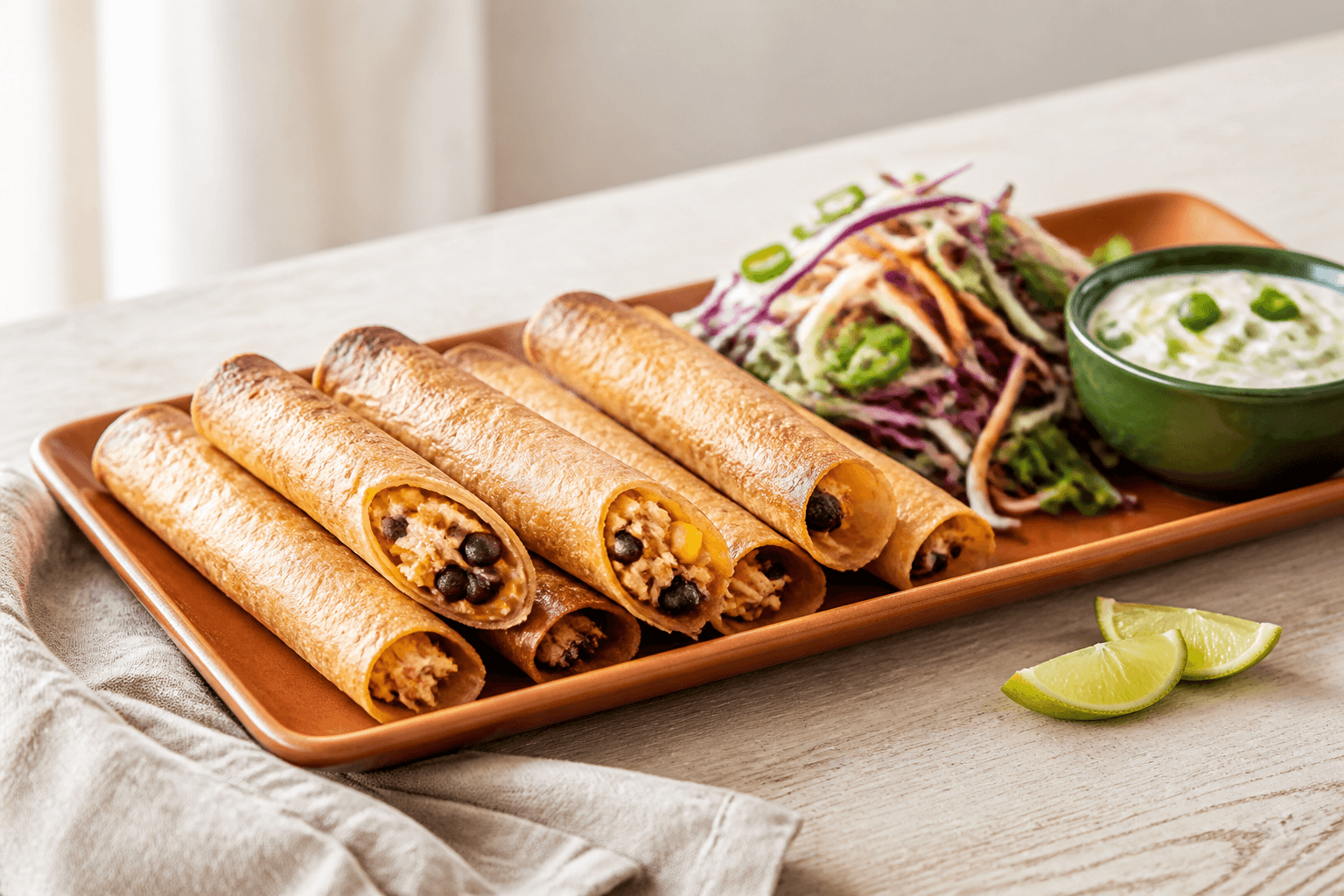 Langt terrakottafad med seks ovnsprøde kylling-taquitos med sorte bønner, majs og røget ost samt rødkålsslaw og lime-skyr