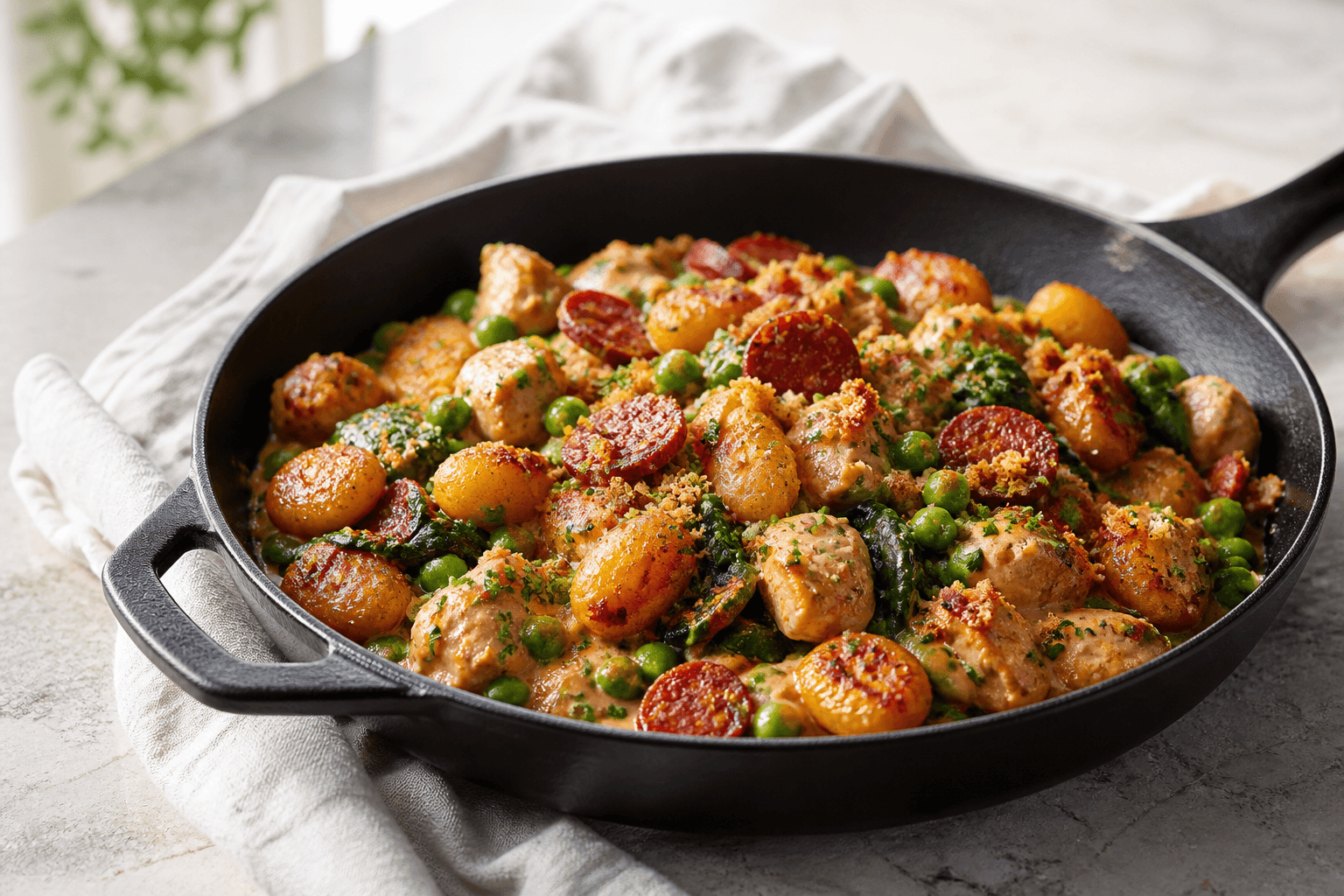 Sort støbejernspande med sprødstegt gnocchi, kylling, chorizo, ristet peberfrugtcreme, spinat, ærter og gyldent urteknas