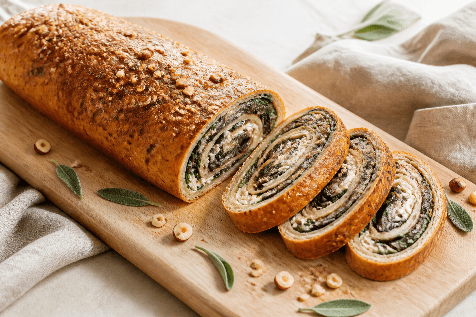 Gylden svampe-spinat-stromboli med ricotta, provolone, citron, salvie og hasselnødder skåret i tykke spiralskiver på egetræsbræt