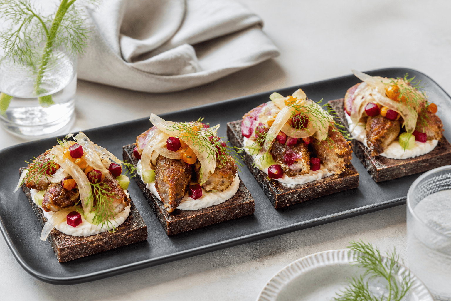 Fire rugtartiner med rugpanerede stegte sild i havtorn-æblelage, peberrodscreme, rødbede, æble, fennikel og dild