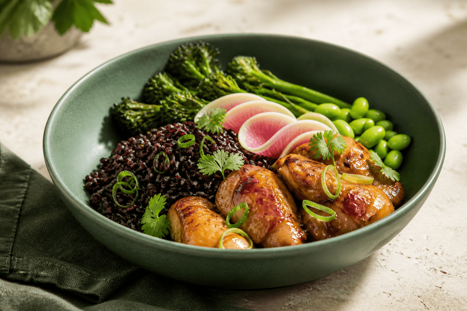 Jadegrøn bowl med appelsin-miso-kylling, sorte ris, sprød broccoli, edamame, syltet vandmelonradise, forårsløg og koriander