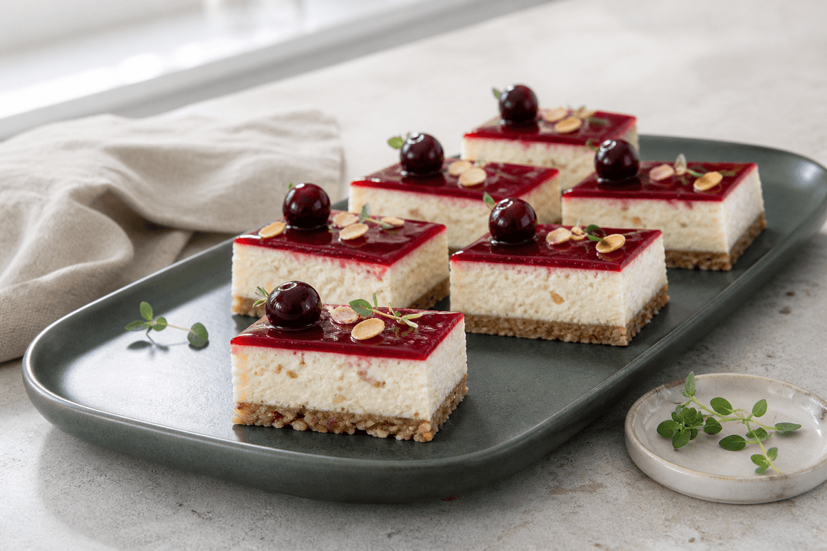 Rektangulære risalamande-cheesecakebarer med tyndt surkirsebærspejl, hel kirsebærtop og ristede mandler på sandfarvet fad