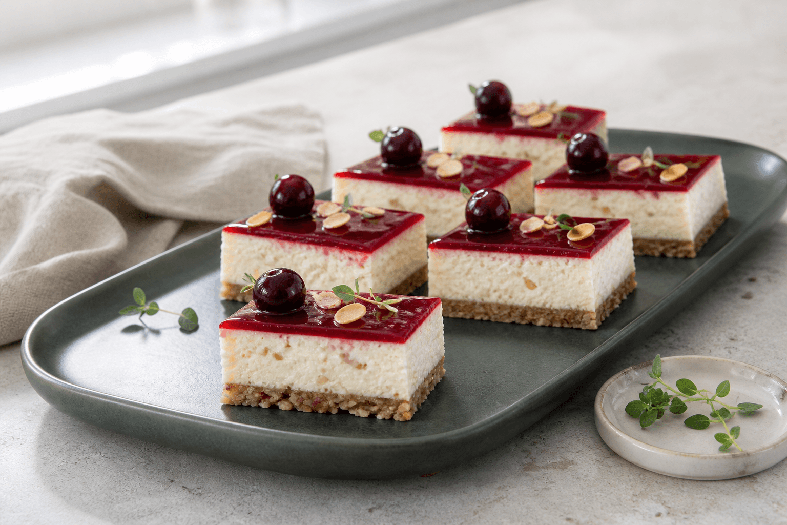 Rektangulære risalamande-cheesecakebarer med tyndt surkirsebærspejl, hel kirsebærtop og ristede mandler på sandfarvet fad
