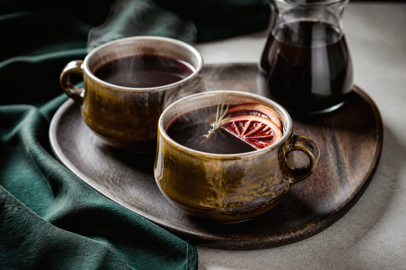 To lave ravbrune keramikkrus med solbær-glühwein, blodappelsinskal, kardemomme og rosmarin på valnøddebakke