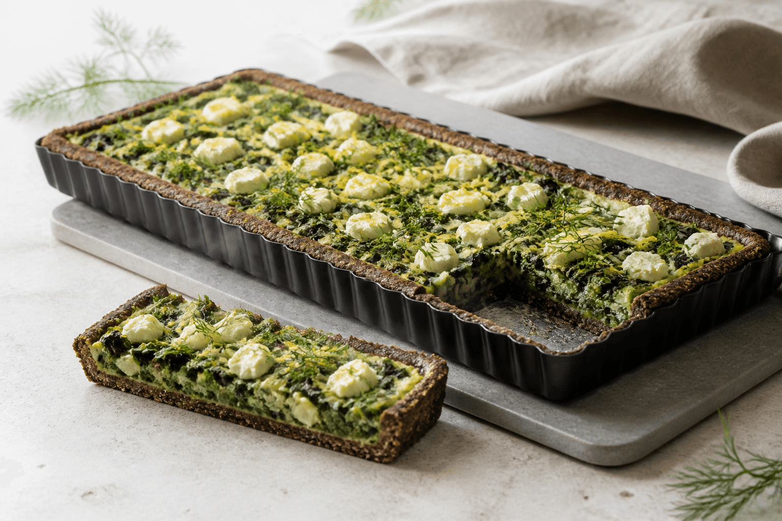 Lang rektangulær spinattærte med mørk rug-kartoffelbund, porre, feta, dild og citron i mat sort tærteform