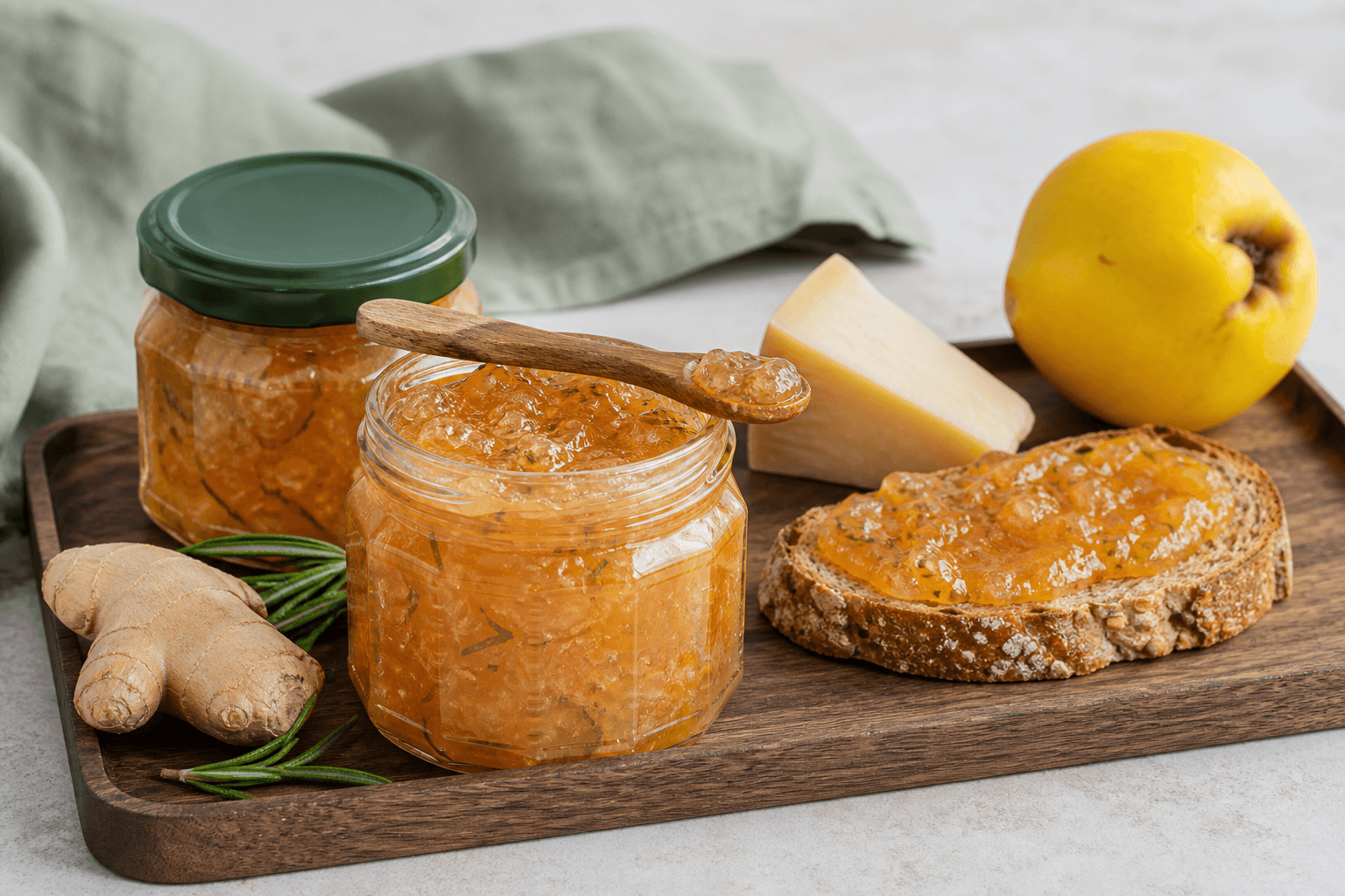 To lave facetterede glas med ravrosa kvæde-ingefærmarmelade, rosmarin og citron på røget egetræsbakke med toast og ost
