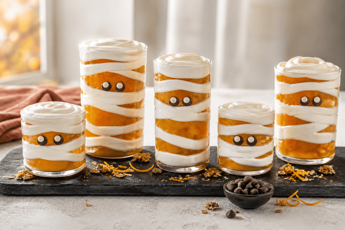 Fem spiselige mumie-lanterne-dessertglas med orange mango-passion, hvide vaniljeskyrbånd og chokoladeøjne på sort skiferbræt
