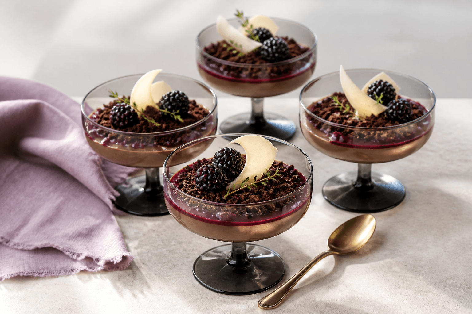 Fire lave røggrå coupeglas med mørk chokolademousse, brombærcoulis, kakaorugjord, brombær og lyse chokoladeflager
