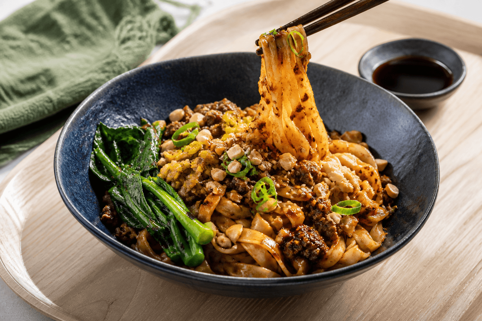 Brede Dan Dan-nudler i dyb blækblå skål med sesam-chilisauce, sprødt svinekød, gai lan, peanuts og forårsløg