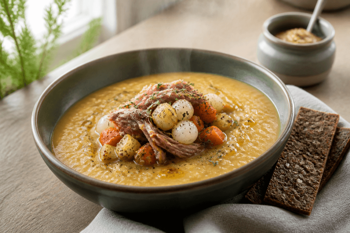 Tyk gylden gul ærtesuppe i dyb grøn skål med trevlet røget svineskank, bagte rodfrugter, perleløg, sennepsurter og rugknæk