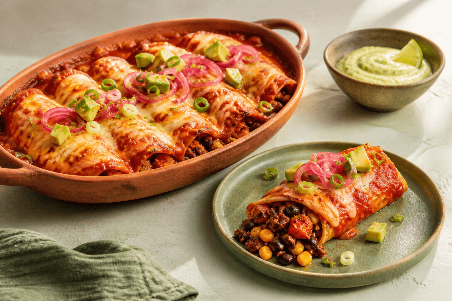 Saucedækkede enchiladas i terracottafad med oksekød, sorte bønner, sød kartoffel, majs, smeltet ost, syltet rødløg og avocado