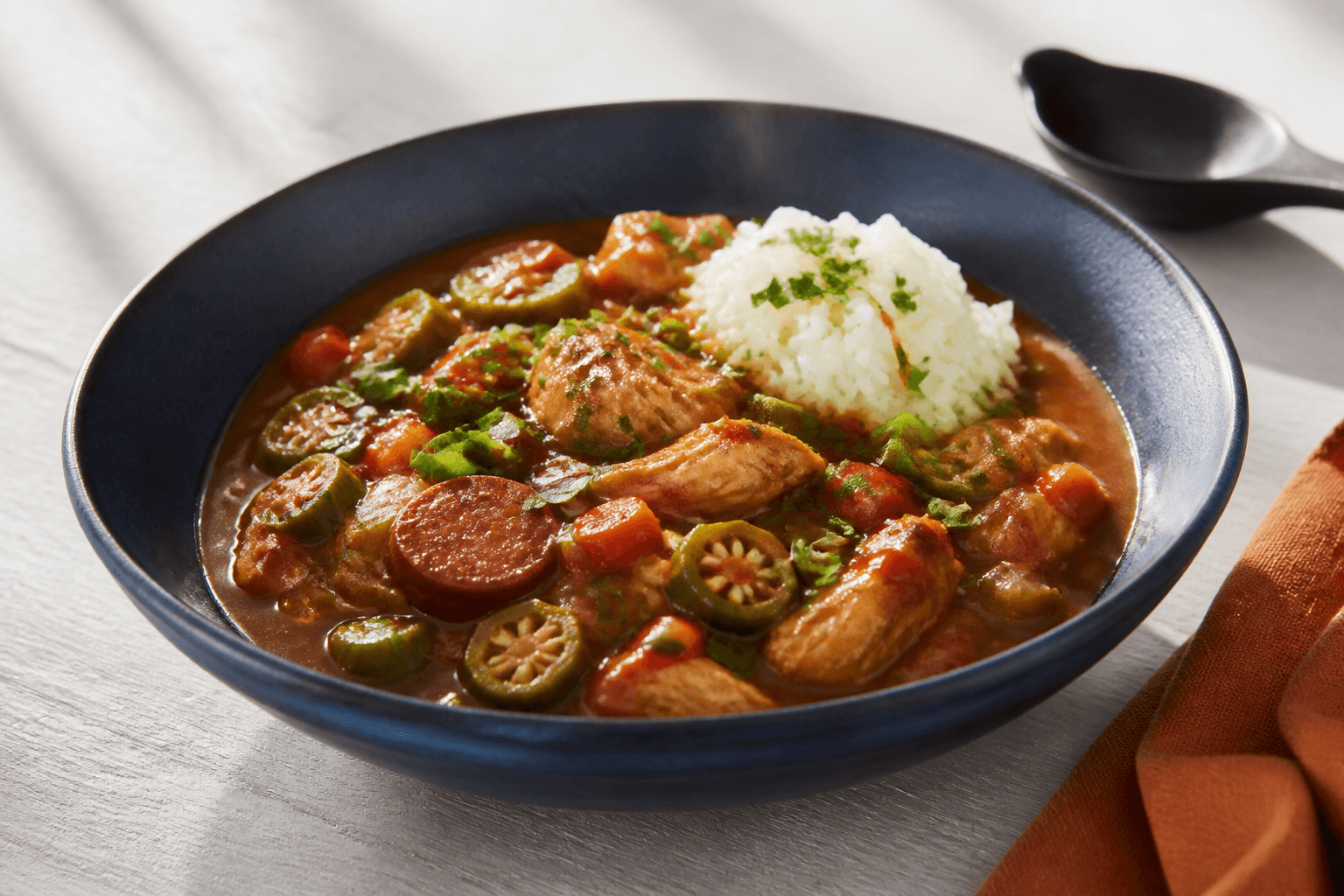 Mørk roux-gumbo i dyb blækblå skål med gennemstegte kyllingestykker, røget pølse, okra, peberfrugt, ris og forårsløg