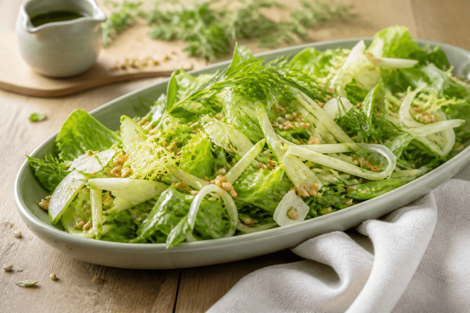 Grøn salat på salviegrønt fad med æble, fennikel, sukkerærter, frisée, dild, estragon, osteflager og sprød boghvede
