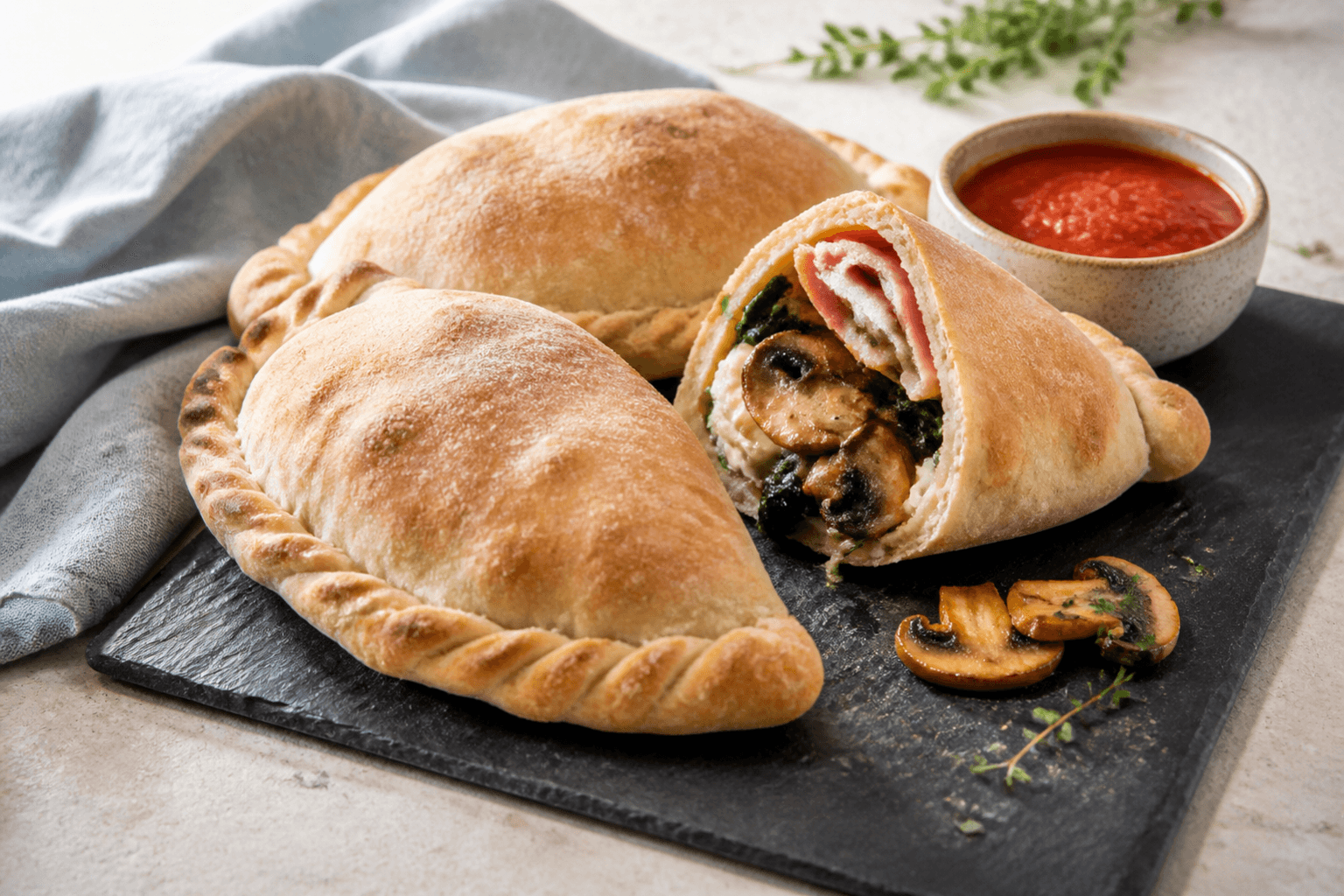 Tre lyse mini-calzoner på sort skifer med røget skinke, brunede svampe, ricotta, mozzarella, spinat, timian og tomatdip