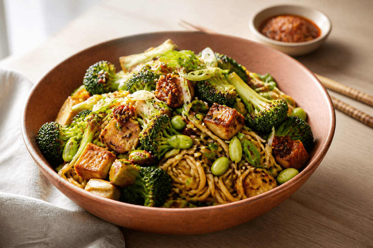 Miso-sesamnudler i terracottaskål med gylden tofu, forkullet broccoli, edamame, syltede broccolistokke, chili-crisp, sesam og forårsløg
