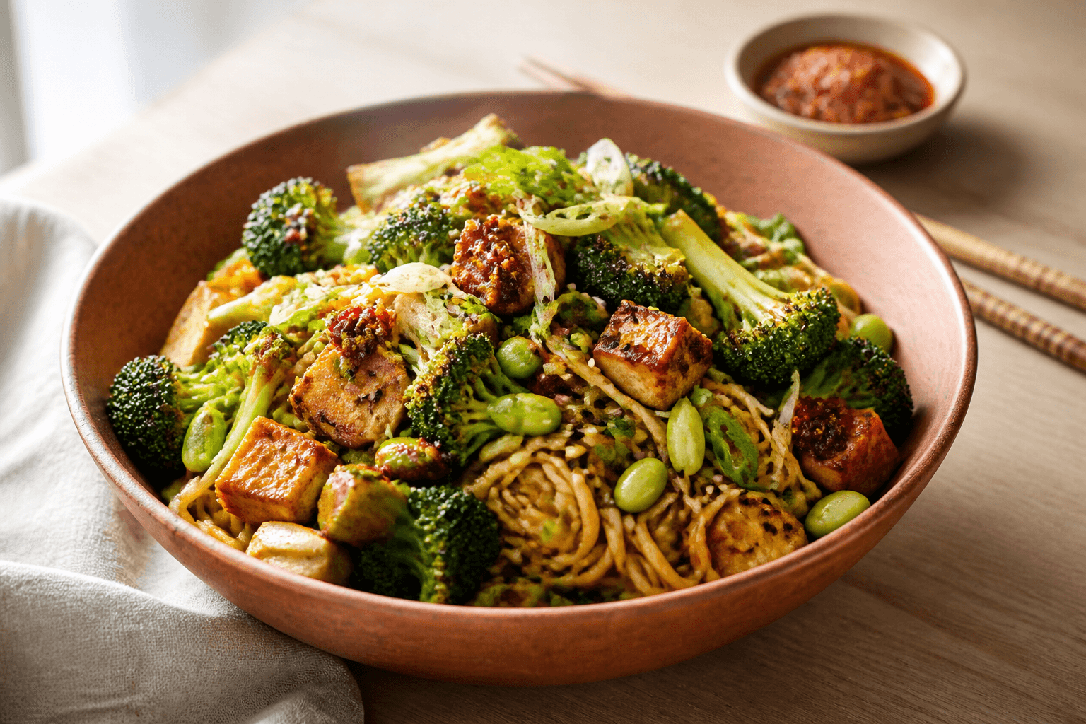 Miso-sesamnudler i terracottaskål med gylden tofu, forkullet broccoli, edamame, syltede broccolistokke, chili-crisp, sesam og forårsløg
