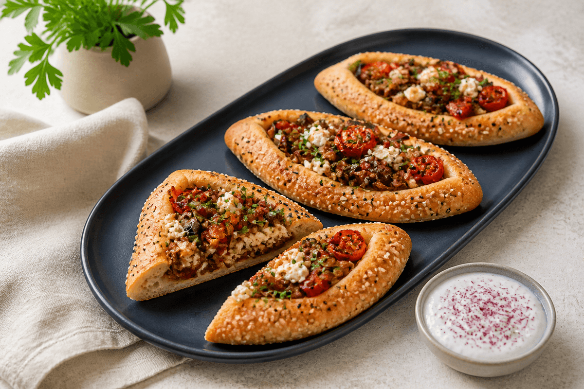 Tre små tyrkiske pide på blækblåt fad med krydret oksekød, bagt aubergine, rød peber, cherrytomat, feta og sumakyoghurt